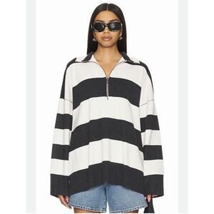 Free People Coastal Stripe Pullover Women's Medium Charcoal & Ivory Oversized